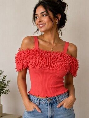 KAELYN-MAX Women's Coral Fringe Off-Shoulder Knit Top Size: M